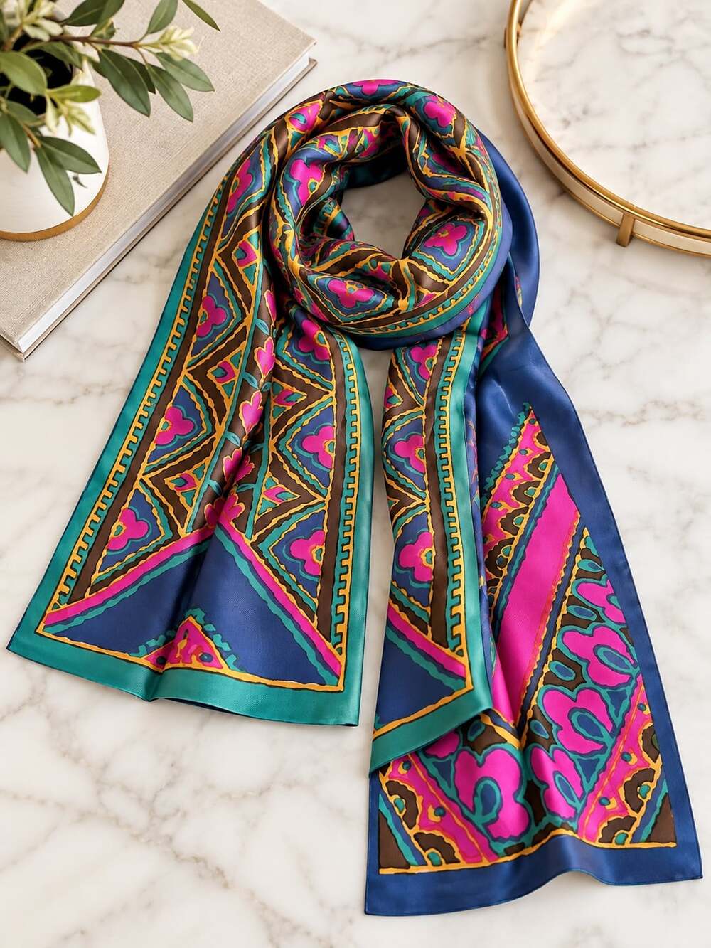 Vintage Silk Scarf 41 Inches Long Multi Color Geometric Print